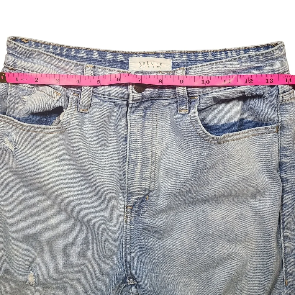 Nature Denim High Rise Mom Jeans Light Wash Distressed Raw Hem Size 9